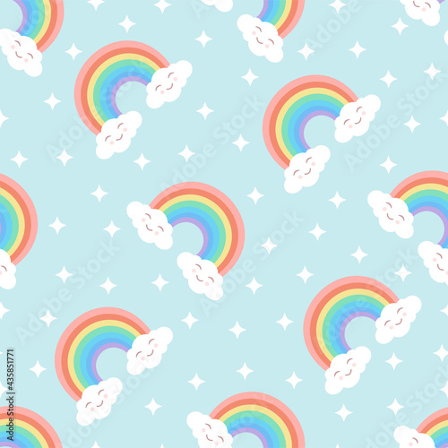 Seamless cartoon texture with rainbow  cute clouds and stars on a blue background. Vector illustration for fabrics  textures  wallpapers  posters  stickers  postcards. Editable elements.