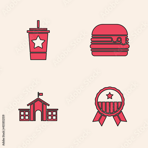 Set Medal with star, Paper glass straw, Burger and United States Capitol Congress icon. Vector