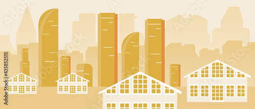Townhouses among skyscrapers, no people, Flat vector stock illustration with City landscape with cottages and nobody