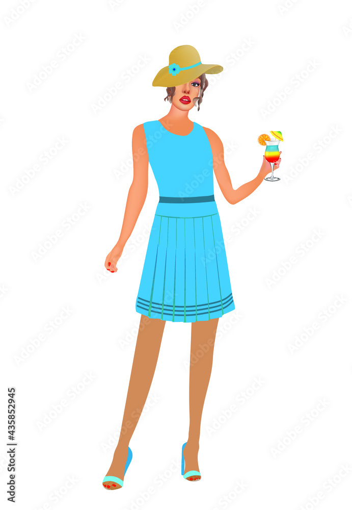 Woman in blue dress holding cocktail, vector Woman in blue dress holding cocktail, vector