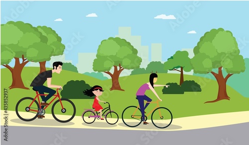 Family riding on bicycles in park, mother, father, son and daughter on bikes, flat cartoon design. Vector parents and children having fun together, leisure hobby sport activity, boy in helmet
