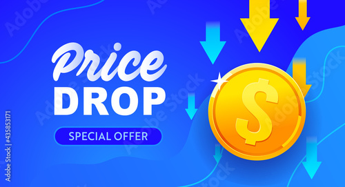 Price drop banner design. Low price poster, cheap vector template. Price drop falling prices and Business downturn, financial debt, banner sale schedule 