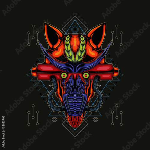 Illustration of dog head mecha sacred geometry