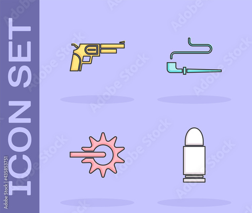 Set Bullet, Revolver gun, Spur and Smoking pipe icon. Vector