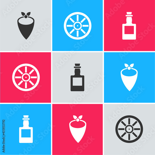 Set Cowboy bandana, Old wooden wheel and Tequila bottle icon. Vector