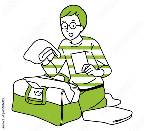 Illustration of a man putting his luggage in a bag.