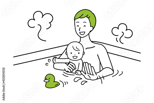 Illustration of a man bathing with a child.
