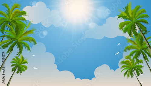 beautiful summer on tropical beach with coconut trees and clouds. background summer design