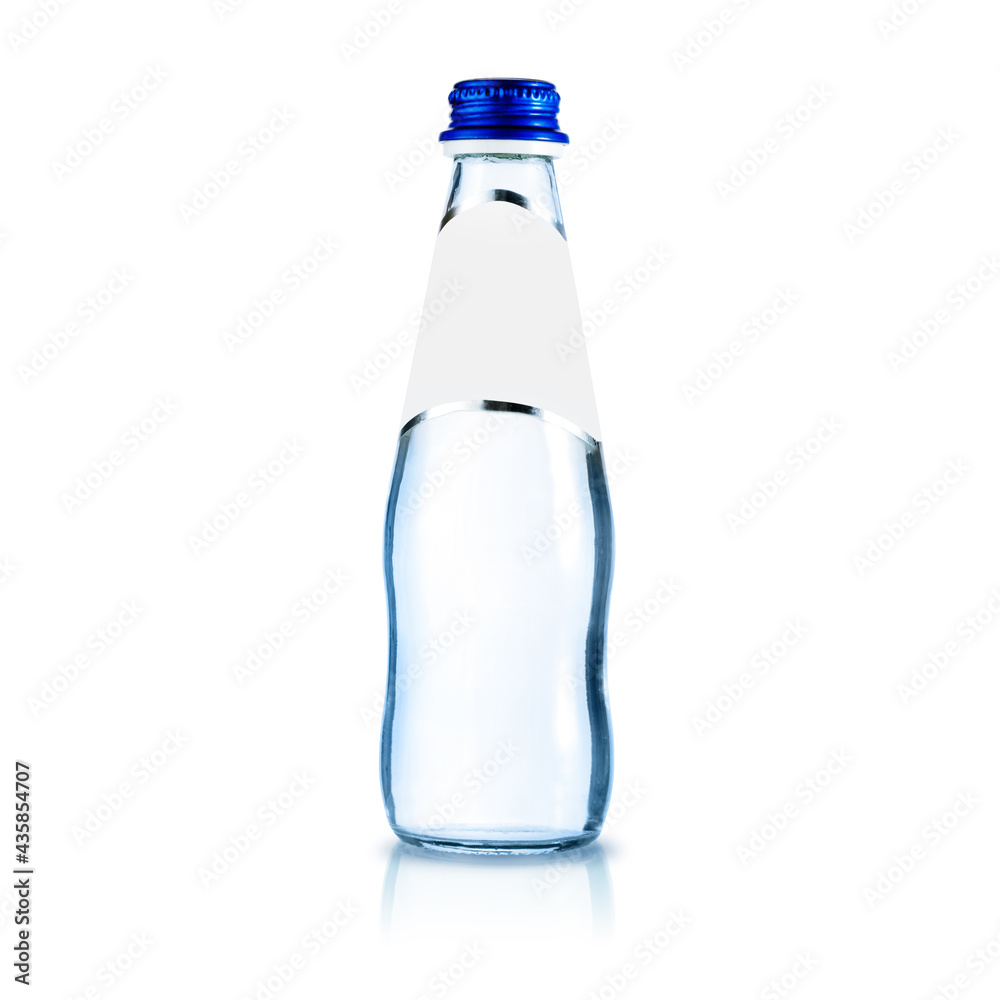 Glass bottle with purified water. Mineral water bottle mockup. Bottle isolated on white background Glass bottle with purified water. Mineral water bottle mockup. Bottle isolated on white background