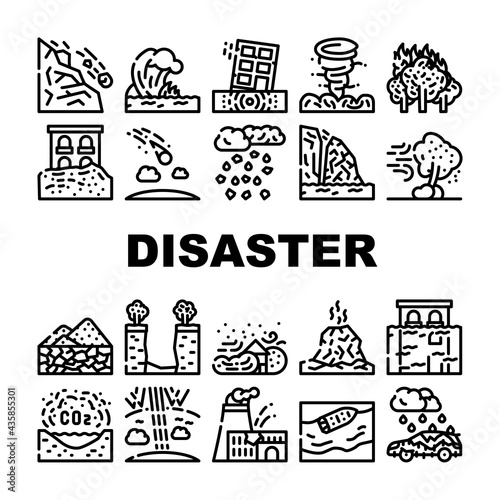 Disaster Destruction Collection Icons Set Vector. Freezing Rain And Heavy Rainfall, Sandstorm And Hurricane, Forest Fire And Drought Disaster Contour Illustrations