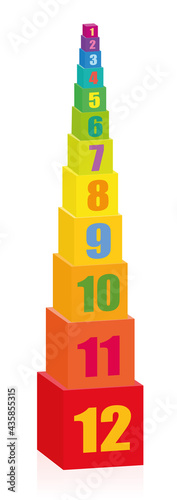 Colorful numbered cube tower. Set of 12 colorful cubes sorted by size and rainbow colors, stacked on top of each other. Isolated vector illustration on white background.
