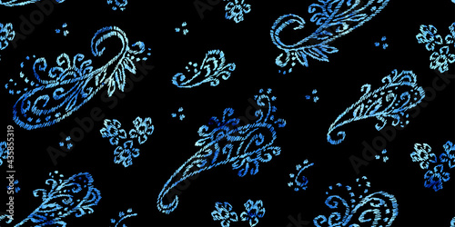 Paisley seamless watercolor pattern. Blue ornaments on a black background. An elegant print for your decor. Vector illustration.