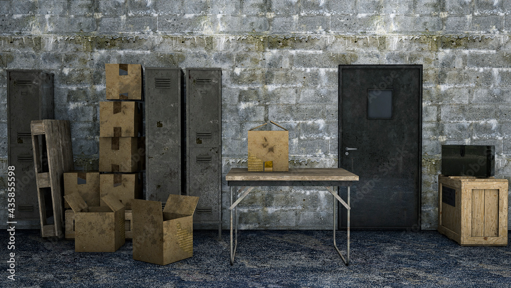 Table in a basement with box and top secret files. Secret place, hidden archive. Lockers, table and boxes. Important documents and sheets. Secret and hidden files. State Archives. 3d render - obrazy, fototapety, plakaty 
