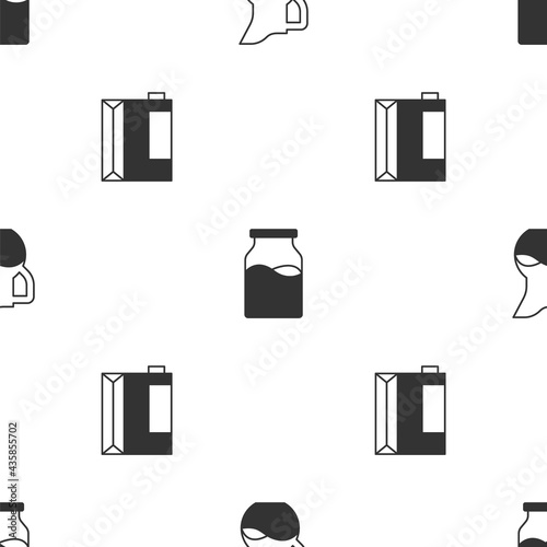Set Milk jug or pitcher, Bottle with milk and Paper package for kefir on seamless pattern. Vector