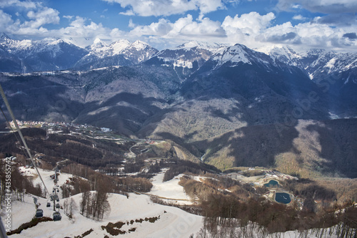 Cable car, lift to the top. Downhill skiing. Extreme sports. Caucasus mountains. Russia Sochi.
