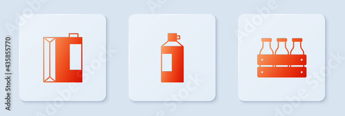 Set Whipped cream in bottle, Paper package for kefir and Bottled milk wooden box. White square button. Vector