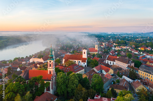 Szentendre, Hungary - Amazing aerial view about the Belgrade serbian orthodox cathedral and St. John's Parish Church in the heart of the city.