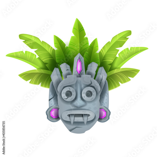 Cartoon tiki mask, vector tribal totem Hawaii stone statue, tropical leaves, isolated on white. Ancient maya Aztec primitive art, scary warrior face, voodoo ethnic character. Tiki mask illustration