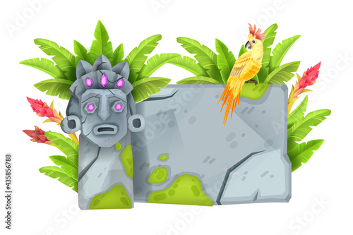 Game stone sign board, cartoon jungle rock panel, cracked granite bolder, parrot, exotic leaf, tiki mask. Maya totem face, Aztec temple ruin, tropical flower. Ancient stone sign isolated on white