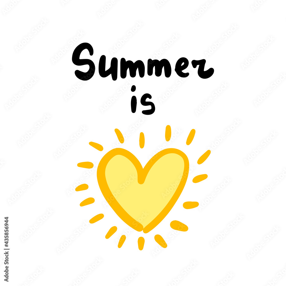 Summer is love hand drawn vector illustration with heart symbol and lettering