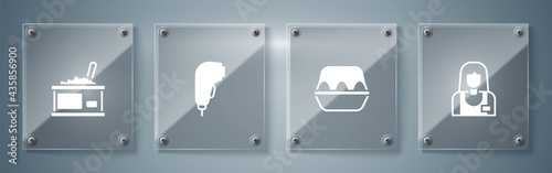 Set Seller, Chicken egg in box, Scanner scanning bar code and Tin with caviar. Square glass panels. Vector