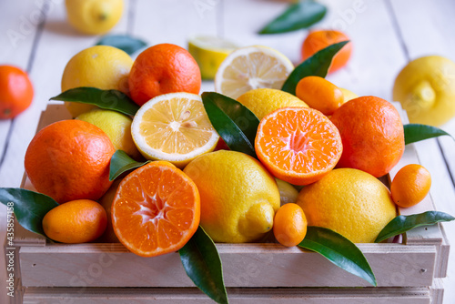 Mixed citrus fruits, ripe and fresh with leaves