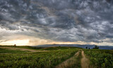Dramatic storm scene with rain at the horizon and rural path going towards left.