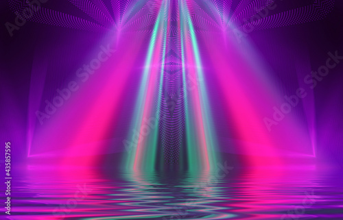Abstract background. Neon multicolor light reflects off water. Beach party  light show. Blurry lights glisten on the surface. 3d illustration