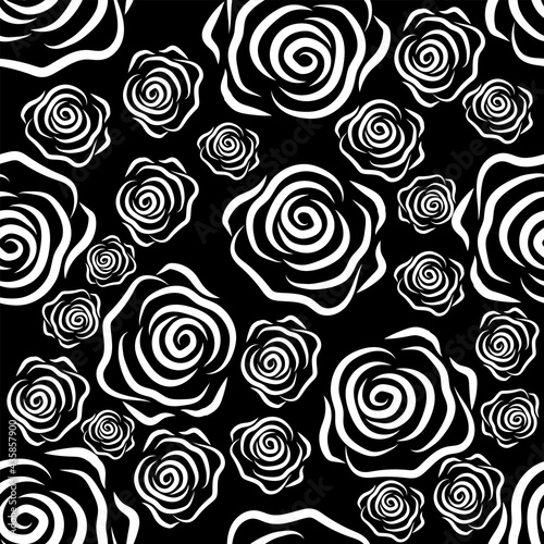 seamless pattern contour rose flowers on black background