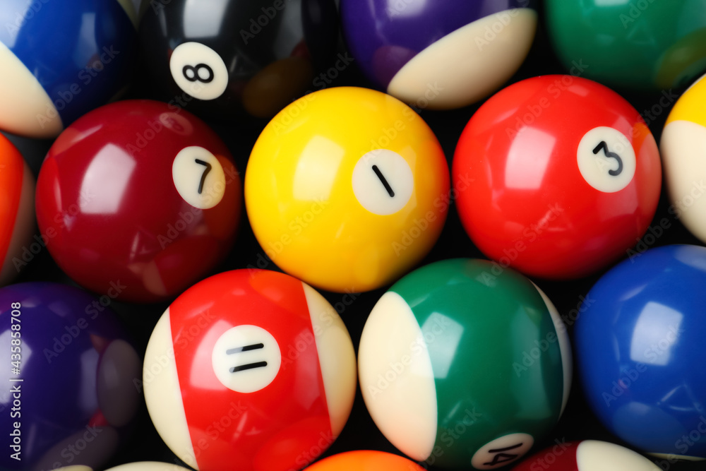 Many colorful billiard balls as background, top view Many colorful billiard balls as background, top view
