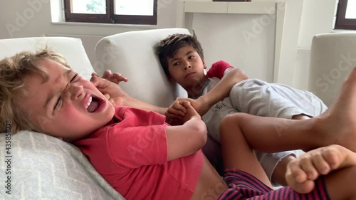 Young brothers fighting each other. Siblings quarrel