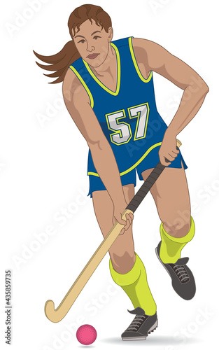 field hockey female player in blue uniform, running with field hockey stick isolated on a white background