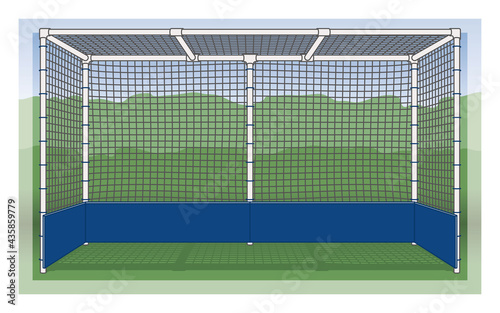 field hockey goalposts, net on field with outdoor background