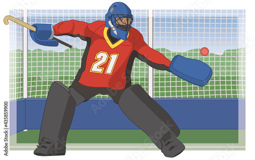 field hockey male goalkeeper goalie in red uniform and blue helmet, in front of net stopping ball with background