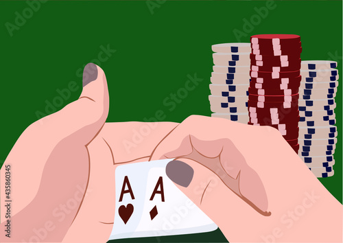 Hand with two aces isolated on background. Casino player.