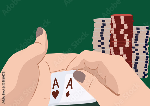 Hand with two aces isolated on background. Casino player.