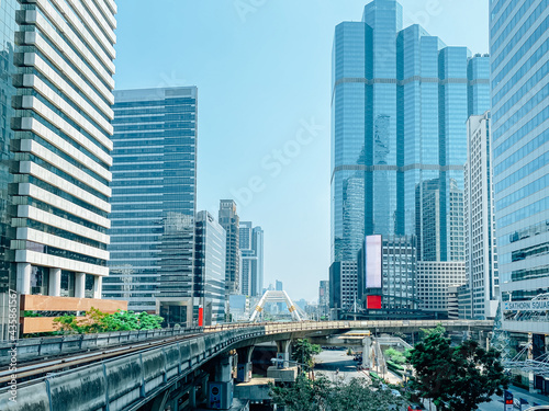 Cityscape and public skytrain transportation