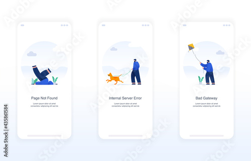 Illustration of error screens, handling exceptions, empty states. page not found error 404, internal server error 500, bad gateway error 502. Modern flat design concept ui ux.