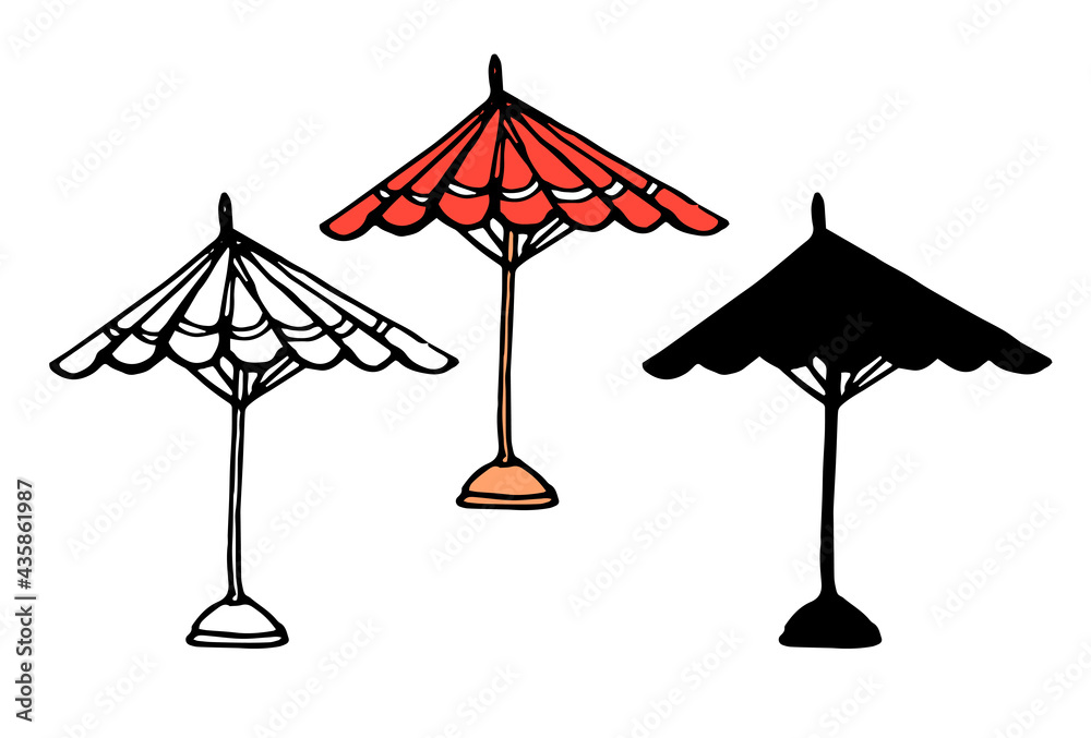 Vector beach red umbrella. Hand-drawn doodle style red open umbrella on stand, red color with white stripes isolated element silhouette and outline in black color, side view for design template Vector beach red umbrella. Hand-drawn doodle style red open umbrella on stand, red color with white stripes isolated element silhouette and outline in black color, side view for design template