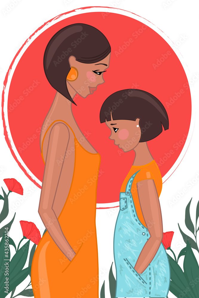 An adult girl and a teenager look at each other. Vector illustration. The concept of intergenerational continuity, sisterhood, friendship An adult girl and a teenager look at each other. Vector illustration. The concept of intergenerational continuity, sisterhood, friendship