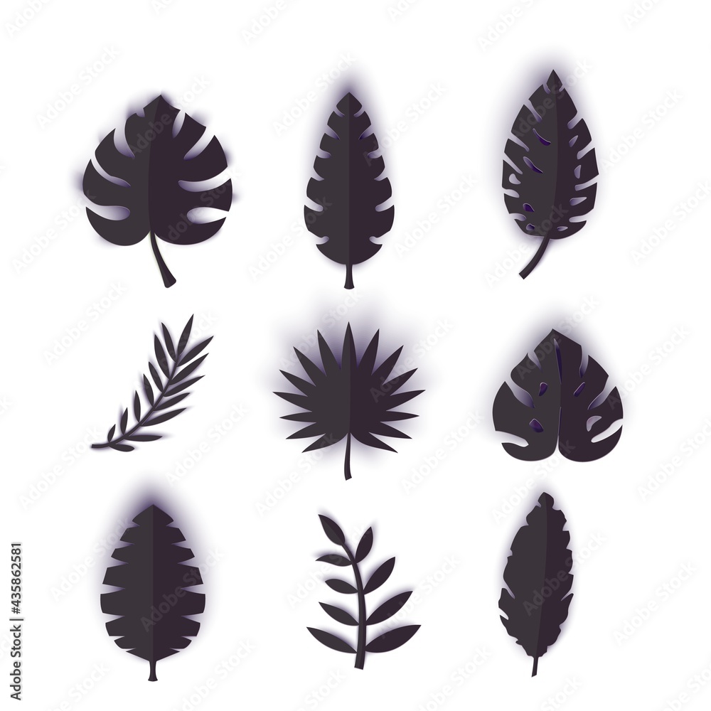 Set of black summer tropical leaves in paper cut style. Craft jungle plants collection on white background. Vector card illustration for black friday promotion design. Set of black summer tropical leaves in paper cut style. Craft jungle plants collection on white background. Vector card illustration for black friday promotion design.
