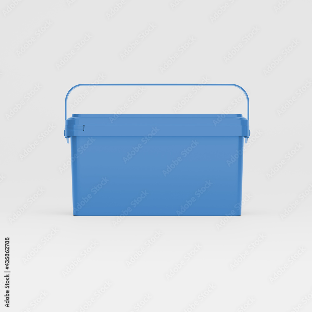 Blue rectangular plastic can / bucket / container with handle and no label. Front view, isolated on white background. Blue rectangular plastic can / bucket / container with handle and no label. Front view, isolated on white background.