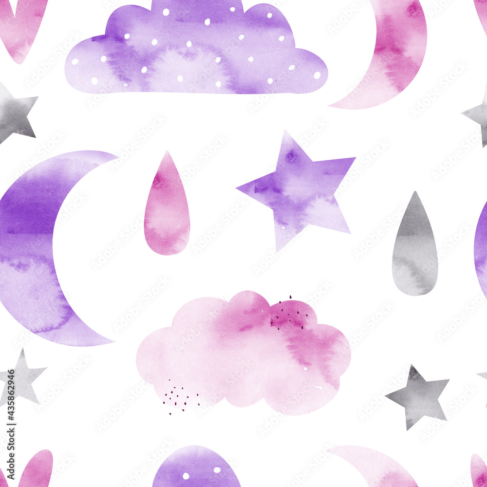 Obraz premium Watercolor hand-drawn color seamless childish simple pattern for kids with cute clouds, drops and stars in Scandinavian style on a white background. Baby pattern with clouds. Fabric design. Wallpaper.