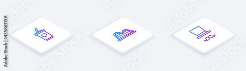 Set Isometric line Paper glass with water, Roller coaster and Magician. White square button. Vector