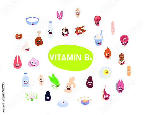 Vitamins in products. Image of food products containing vitamins B4. Vitamins in food. A healthy and nutritious diet.