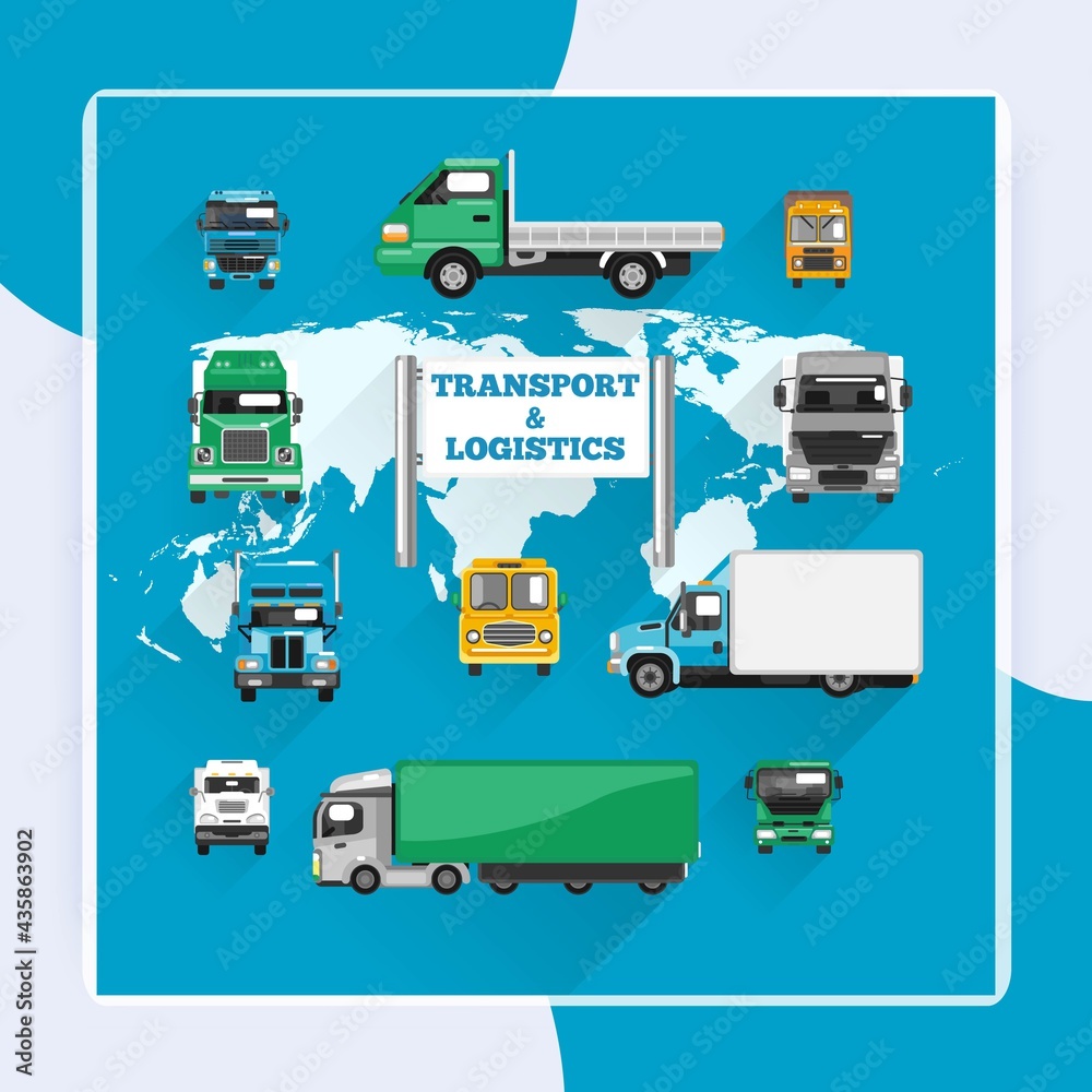 Trucks transport and logistics delivery icons flat with world map vector illustration Trucks transport and logistics delivery icons flat with world map vector illustration