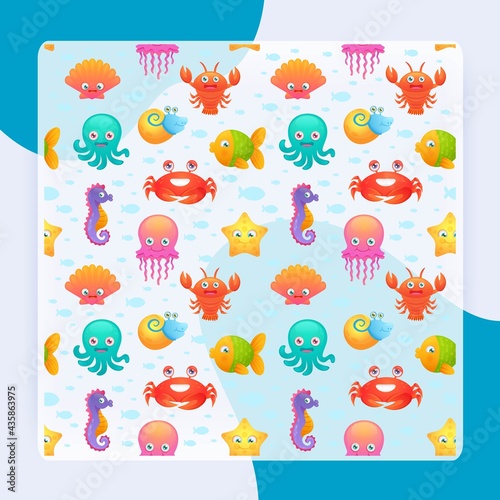 Cute collection of cartoon sea animals characters for children dormitory wallpaper decorative tileable abstract seamless vector illustration
