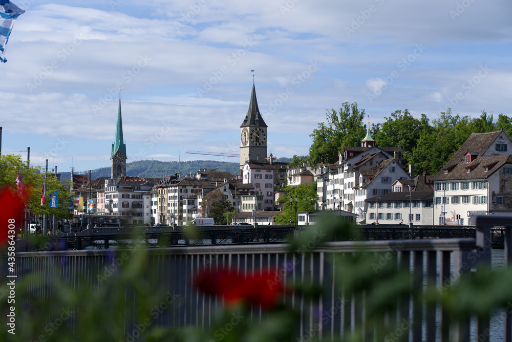 Old town of City of Zurich with river Limmat at Springtime with medieval buildings and churches. Photo taken May 26th, 2021, Zurich, Switzerland.