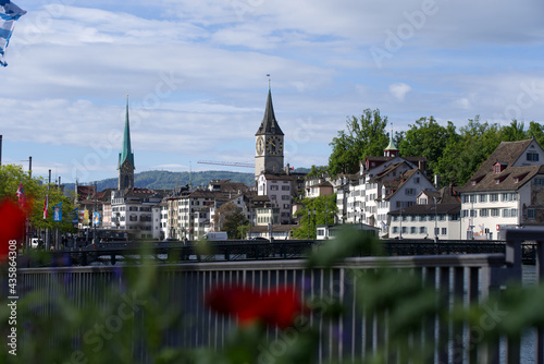 Old town of City of Zurich with river Limmat at Springtime with medieval buildings and churches. Photo taken May 26th, 2021, Zurich, Switzerland.