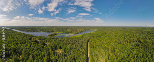 Aerial bird's eye view drone panorama of green boreal coniferous forest, fresh water lakes and rivers and unpaved road winding trough the trees. Summer sunny day, blue sky. Northern Ontario, Canada.